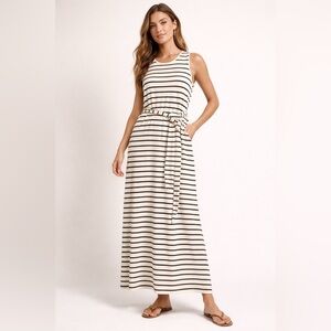 Banana Republic Maxi Dress Striped Sleeveless Tie Waist Black Cream Size Medium